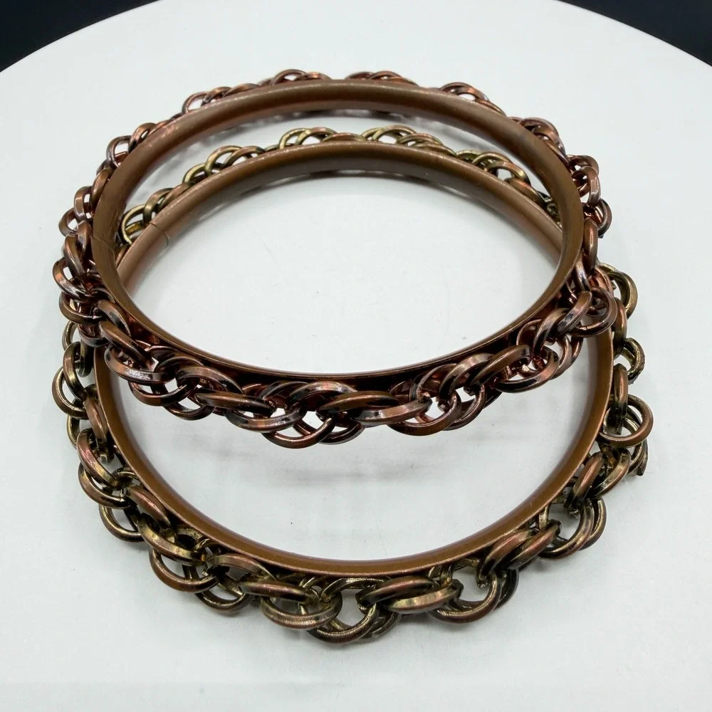 Pair Copper & Brass Tone Chain Link Bangle Bracelet Boho Stack Statement Jewelry
